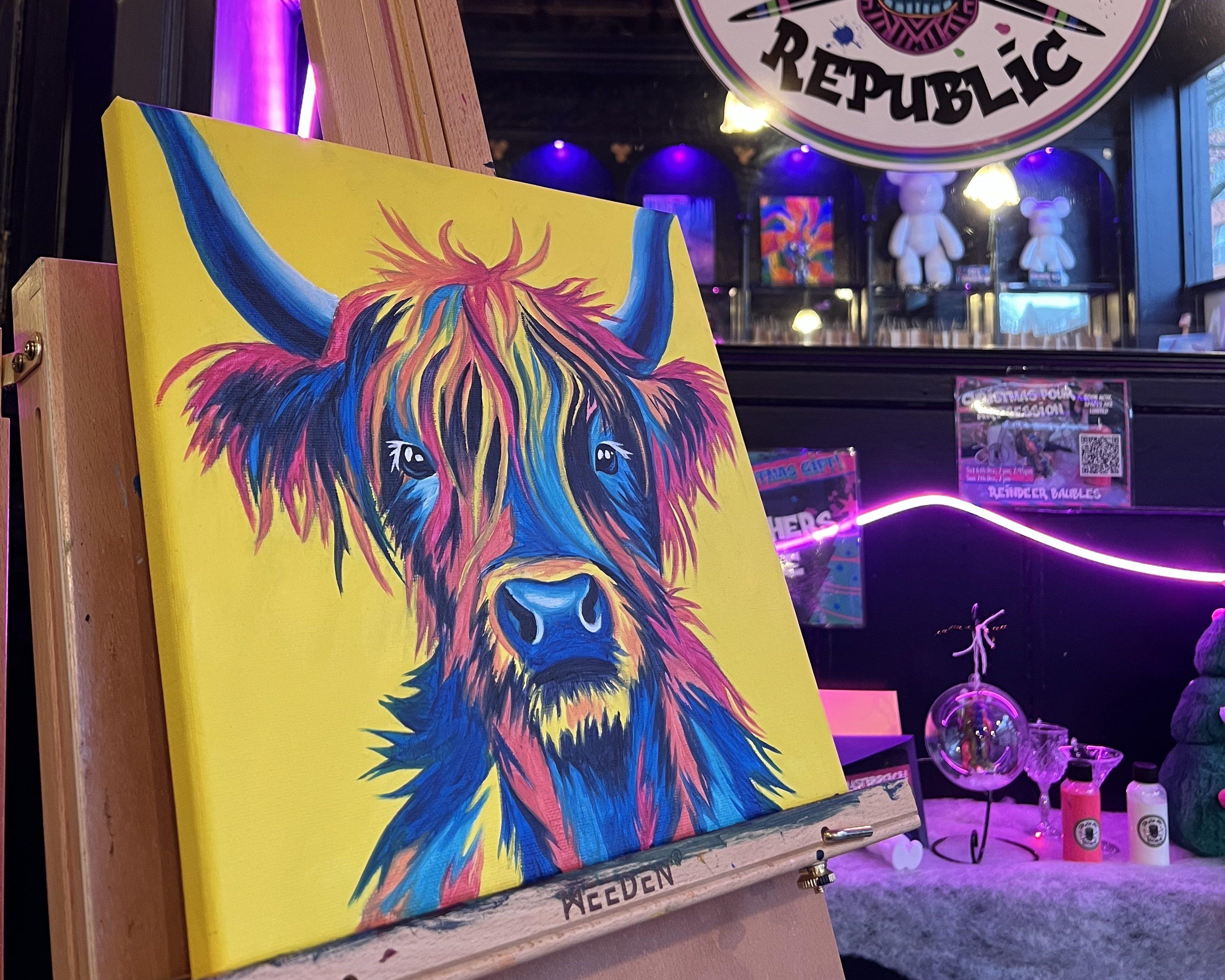Highland cow painting example for Sip and Paint experience at Splash Art Republic